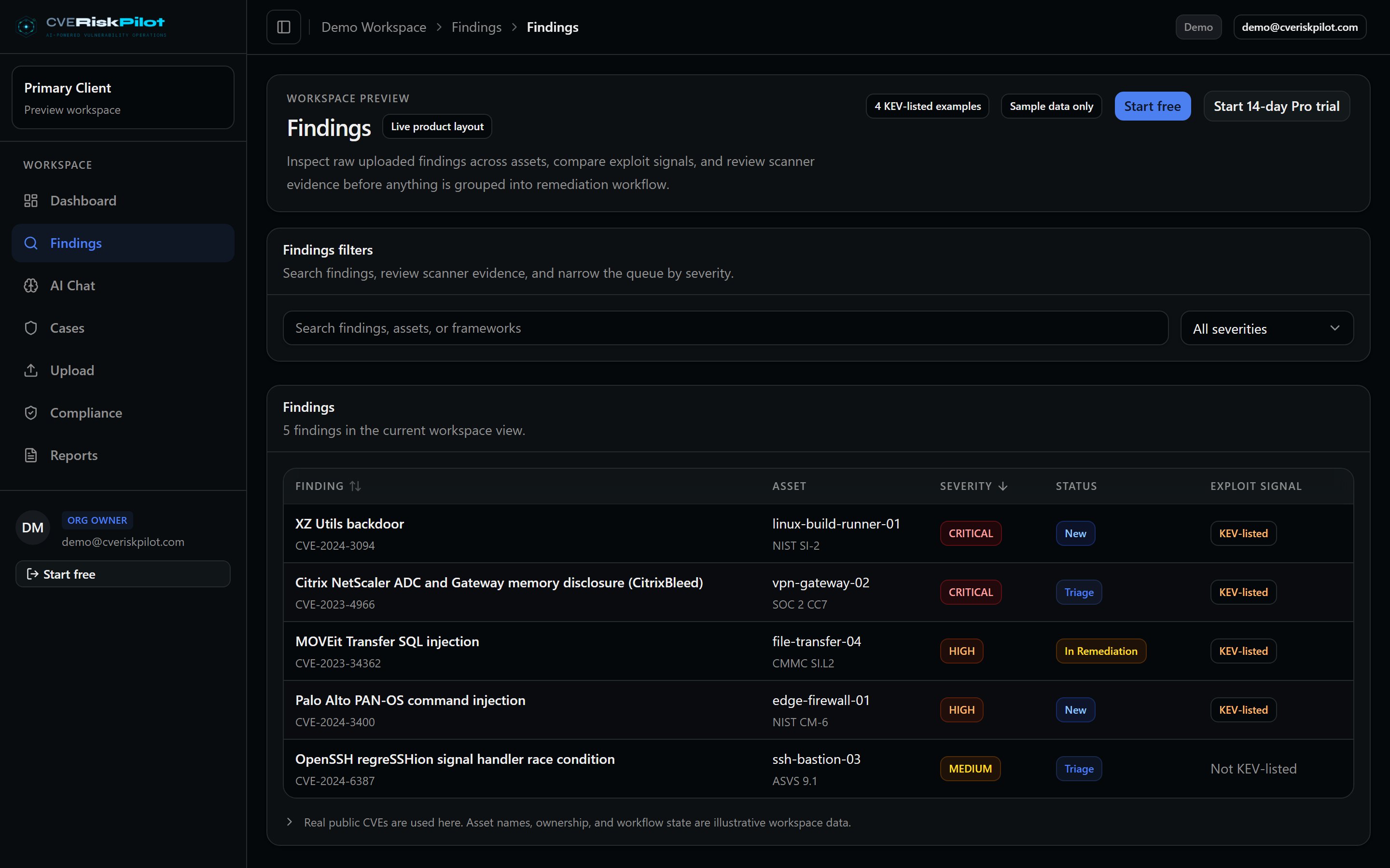 Vulnerability findings triage table showing CVE IDs, severity, and KEV badges